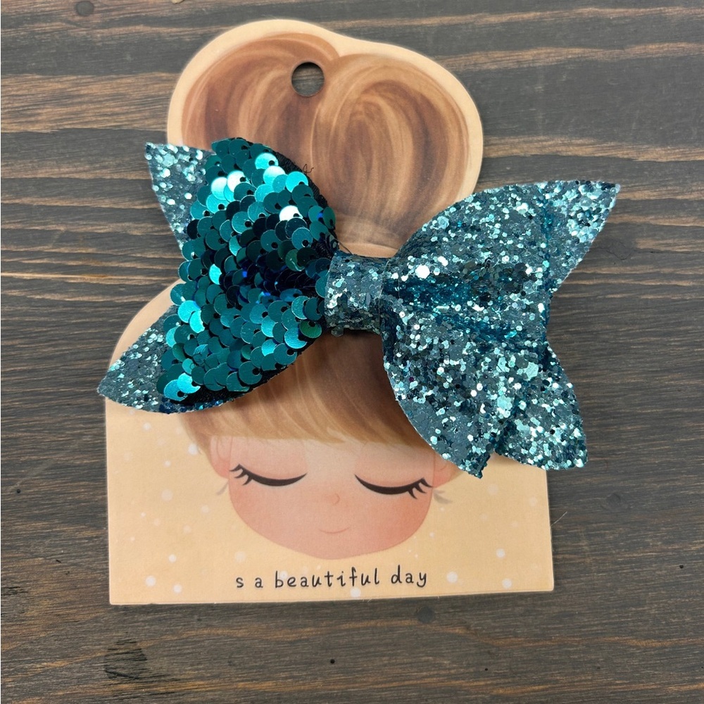 NEW handmade small shop Sparkling Blue Sequin Bow for Kids